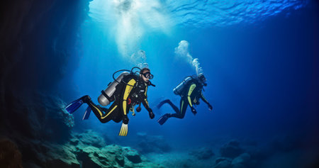Underwater Odyssey - Two scuba divers in underwater cave. Generative AIの素材