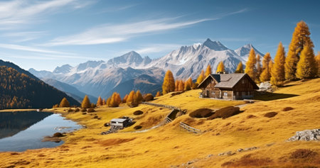 The Tranquil Charm of a Secluded Hut Amidst Autumn's Splendorの素材