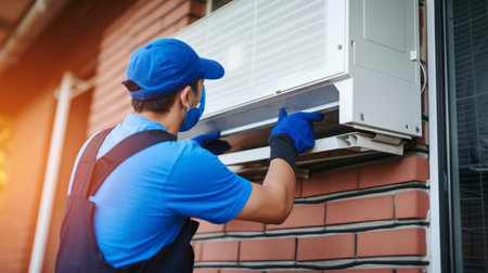 The Dedicated Efforts of a Young Contractor in Blue Overalls Installing and Repairing Air Conditionersの素材