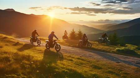 Evening's Epic Ride - Capturing the Picturesque Drama of a Group of Bikers Against the Dusky Glowの素材