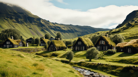 Idyllic Retreats - Grass roofed cottages by hills. Generative AIの素材