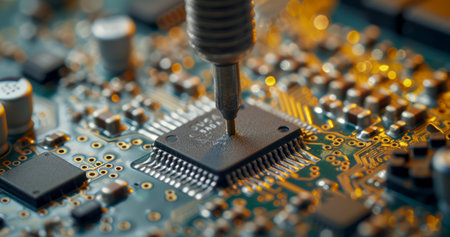 A Soldering Iron's Delicate Dance on a Circuit Board with a Computer Chipの素材