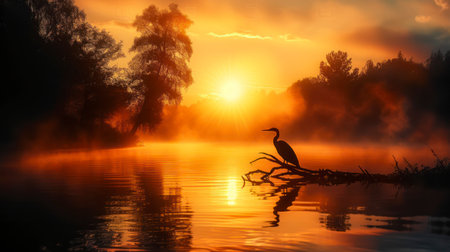 Sunrise Symphony - The Elegant Outline of Darters at Dawn on a Fog-Enshrouded Riverの素材