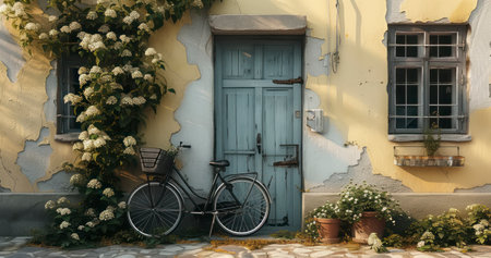 Vintage Charm - An Old Bicycle Parked at the Entrance, Adding Character to the Houseの素材