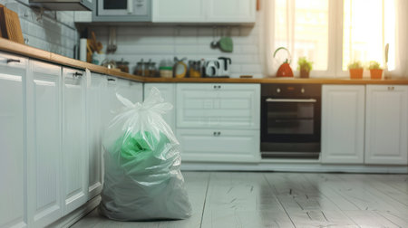 Practical Clean-Up - A Trash Can in the Kitchen, Outfitted with a Plastic Garbage Bagの素材