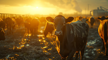 Sunrise Serenity - A Peaceful Herd of Cows Embraced by the Early Morning Sunの素材