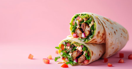 A Succulent Grilled Meat Roll with Crisp Salad, Enveloped in a Tortilla and Enhanced by White Sauce, Set Against a Pastel Backdropの素材