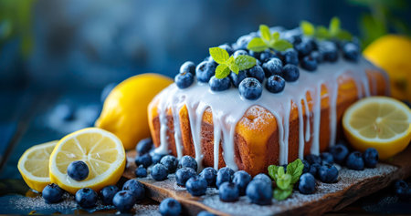 A Fresh Lemon Blueberry Loaf Cake Topped with a Sweet Sugar Glazeの素材