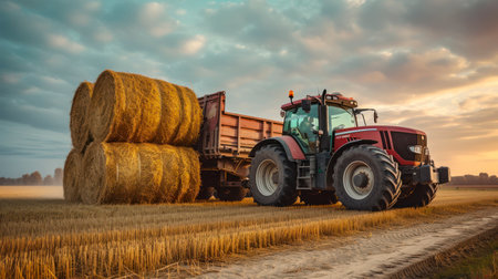 Streamlining Straw Collection with a Tractor Equipped with a Front Loader, Loading a Trailerの素材