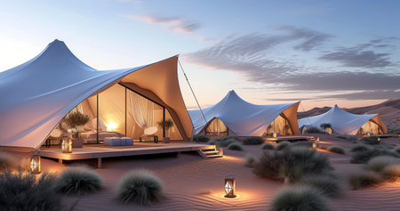 Luxurious Glamping in the Desert, Surrounded by Sand Dunes and Equipped with Eco Tentsの素材