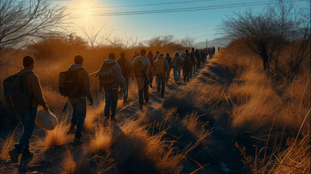 Shadows of Migrants Pressing Forward, Carrying Hopes for a New Dawnの素材