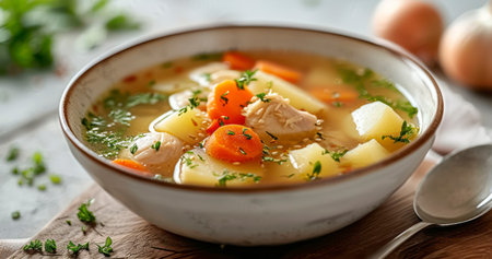 Clear Chicken Soup with Potatoes, Carrots, and Onions in a White Bowl - A Culinary Delightの素材