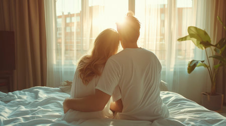 A Loving Pair Hugs in the Comfort of Their Bed, Ready to Face a New Day in Their Contemporary Homeの素材