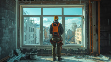 Back View of a Uniformed Worker Installing a Double Glazing Window Indoorsの素材