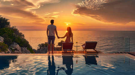 A romantic couple Sharing Moments and Wine by the Pool as the Mediterranean Sun Setsの素材