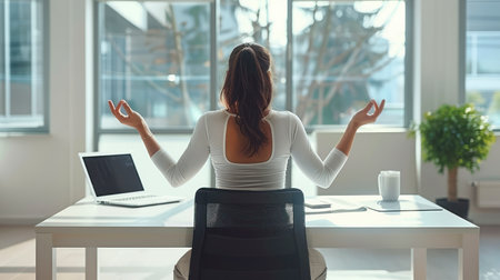 The Art of Meditation Practiced by a Brunette Businesswoman at Workの素材