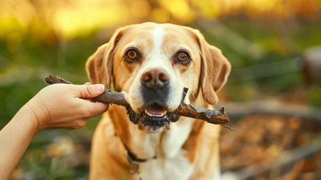 A Cherished Dog Clutches a Stick in His Mouthの素材
