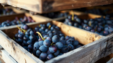 Ripened Black Grapes Gathered in Wooden Boxes, Echoing the Essence of the Vineyardの素材
