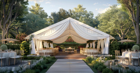 The Charm of a Wedding Tent in the Lush Backdrop of a Parkの素材
