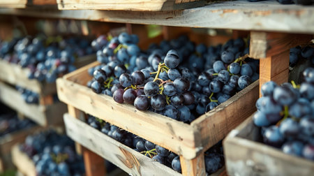 Black Grapes Elegantly Displayed in Wooden Containersの素材