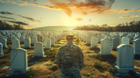 The Endless Sea of White Tombstones Witnessed by a Solemn Veteran Visitorの素材