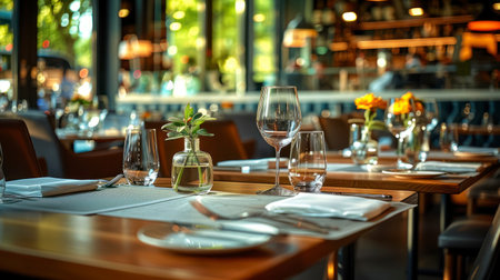 A Luxury Restaurant Awaits with Stylishly Set Tables in a Contemporary Settingの素材