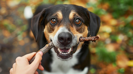 A Dog with a Stick in His Mouth, Connected by the Caring Hands of His Hostessの素材