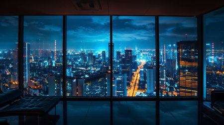 A Serene Nighttime Cityscape Seen from the Quiet of an Office Windowの素材