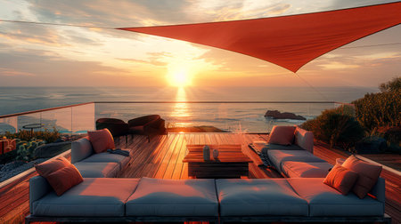 A Romantic Wooden Deck Setup with a Shade Sail for Memorable Sunset Viewsの素材