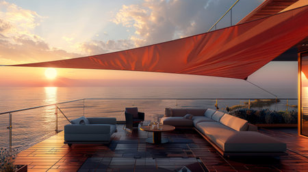 Unwinding on a Sofa Under a Shade Sail on a Terrace with Sea Views at Sunsetの素材