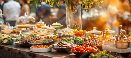 A Catered Feast of Fresh Fruits, Vegetables, and Savory Meats for a Memorable Receptionの素材