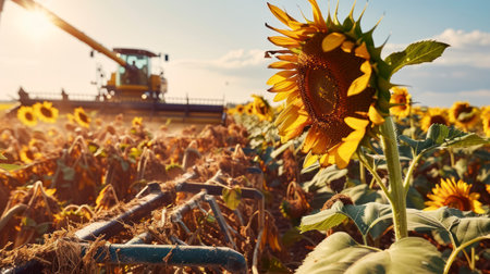 Capturing the Majestic Process of Sunflowers Being Harvested by a Combine Harvesterの素材