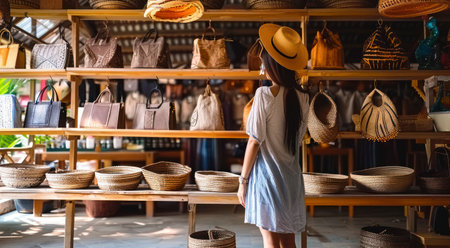 A Traveler's Quest in a Souvenir Shop, Where a Business Owner Admires Handcrafted Bags on Displayの素材