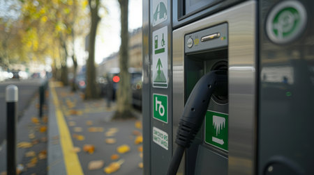 Detailed shot of an EV charger with green disability access symbols.の素材