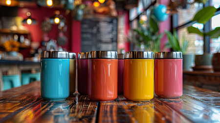 Vibrant collection of thermal drinkware in a cozy cafe setting.の素材