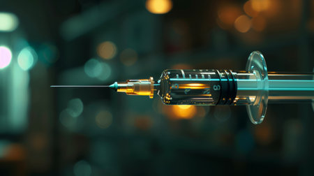 Soft lighting enhances the detailed preparation of a medical syringe.の素材