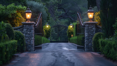The Elegance of a Sleek Driveway Gate Amidst Lush Greeneryの素材