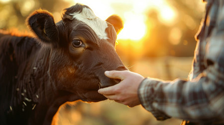 Close-Up of a Calf Receiving a Gentle Pet on a Sunny Day at the Farmの素材