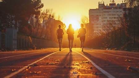 Three athletes running on a track at sunrise in a city settingの素材
