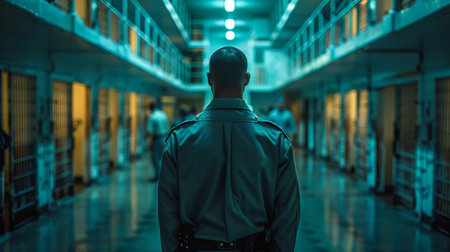 Security guard standing in the dimly lit corridor of a prison with a serious expressionの素材
