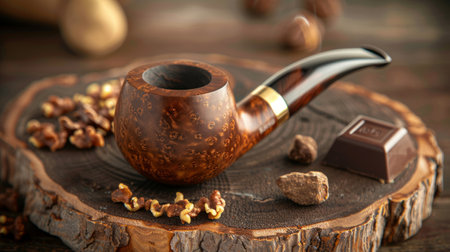 A close-up of an elegant wooden pipe placed on a rustic table alongside pieces of chocolate and walnutsの素材