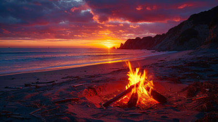 A campfire burning on a beach during sunset with vibrant colors and dramatic skyの素材