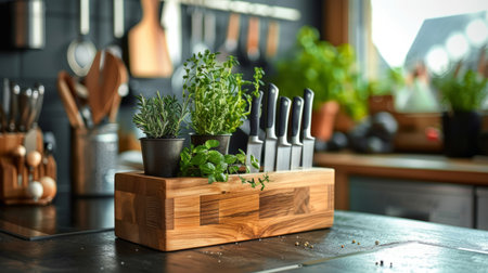 A stylish herb garden and knife set arranged on a wooden kitchen counter in a contemporary kitchenの素材