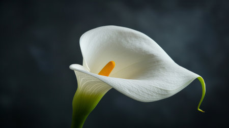 An elegant white calla lily flower against a dark background, highlighting the flower's graceful shape and delicate beautyの素材