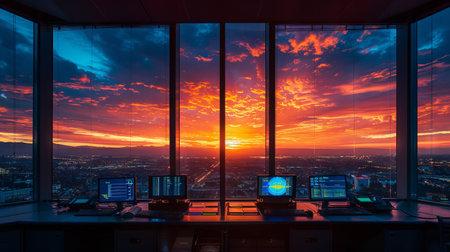 A beautiful sunset view of the cityscape from an office with multiple monitorsの素材