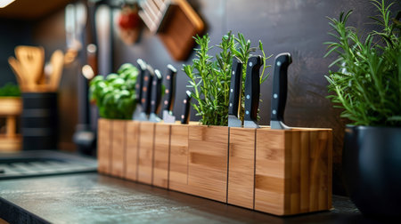 Kitchen knives and herbs on a modern countertop, emphasizing culinary tools and kitchen decorの素材