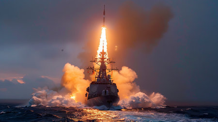 A military ship launching a rocket at dusk, with dramatic smoke and flames highlighting the power and precision of the launchの素材