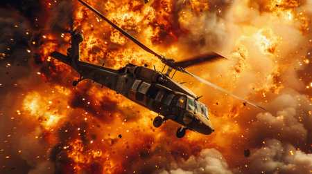 A military helicopter flying through a massive fiery explosion, depicting action and dangerの素材