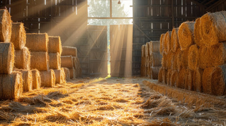 Sunbeams entering a barn filled with neatly stacked hay bales, creating a warm and rustic atmosphereの素材