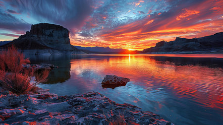 A breathtaking view of a sunset over a calm lake with a rocky shoreline, reflecting vibrant colors on the waterの素材